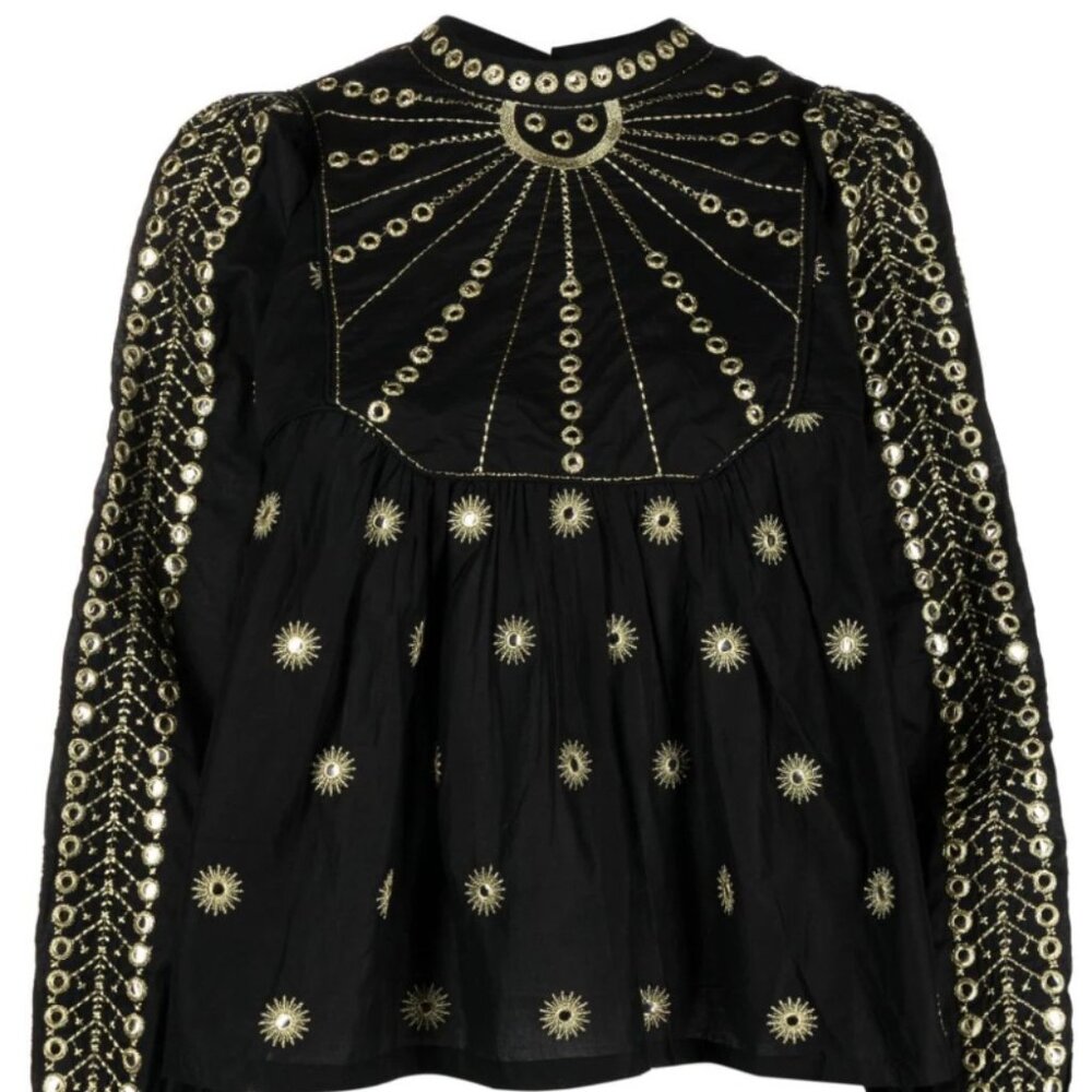 NWT - Farm Rio Black and Gold Embroidered Blouse